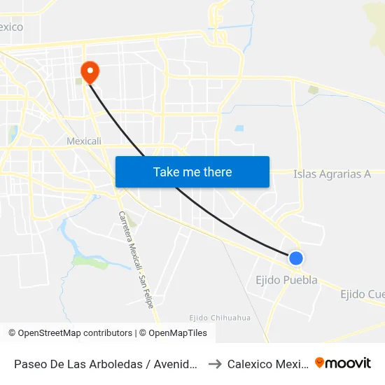 Paseo De Las Arboledas / Avenida Perla to Calexico Mexicali map