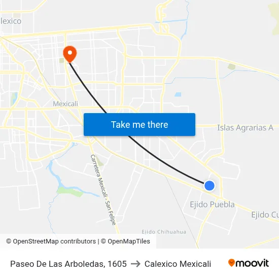 Paseo De Las Arboledas, 1605 to Calexico Mexicali map