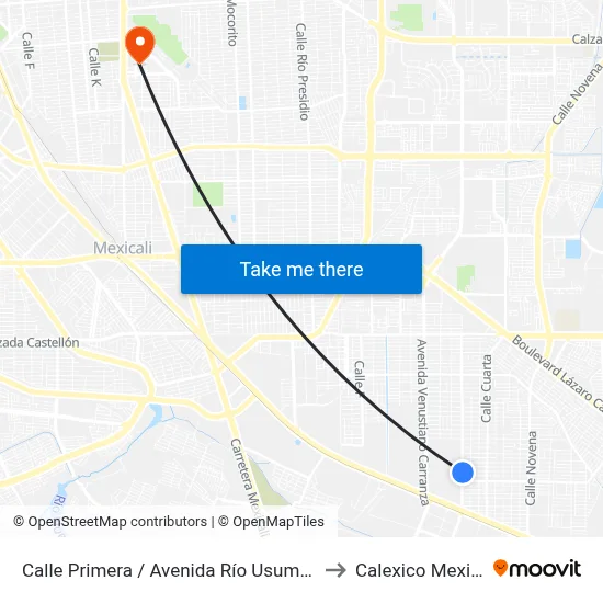 Calle Primera / Avenida Río Usumacinta to Calexico Mexicali map