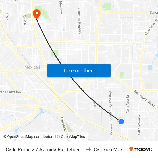 Calle Primera / Avenida Rio Tehuantepec to Calexico Mexicali map