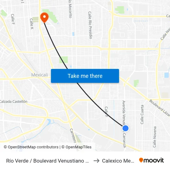 Río Verde / Boulevard Venustiano Carranza to Calexico Mexicali map
