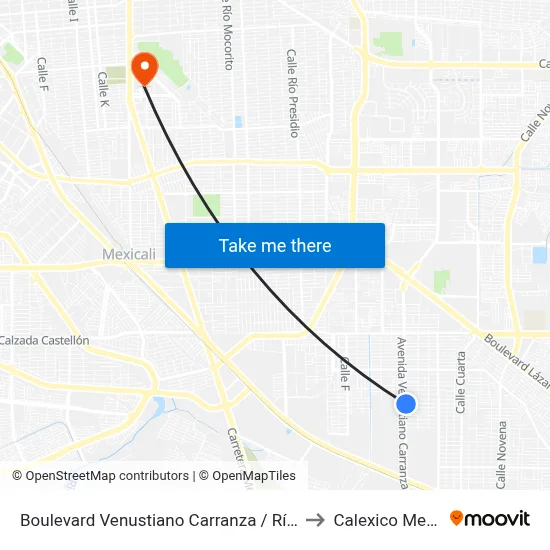 Boulevard Venustiano Carranza / Río Pánuco to Calexico Mexicali map