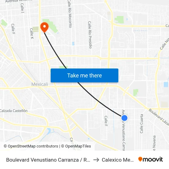 Boulevard Venustiano Carranza / Río Lerma to Calexico Mexicali map