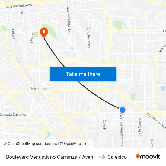 Boulevard Venustiano Carranza / Avenida Valle Del Mezquital to Calexico Mexicali map