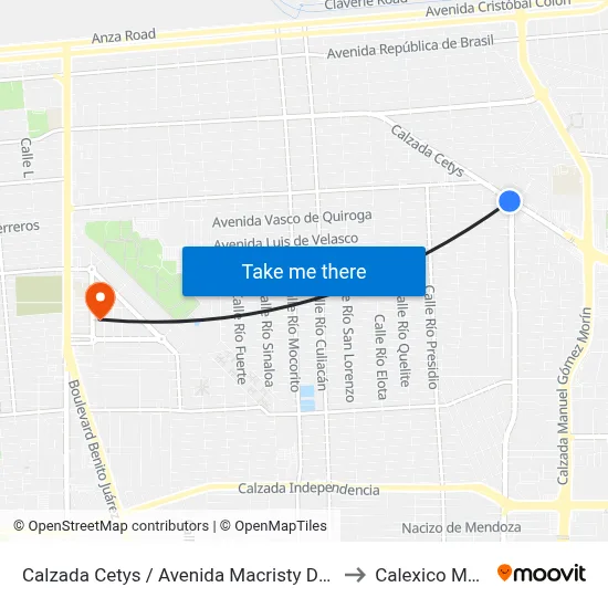 Calzada Cetys / Avenida Macristy De Hermosillo to Calexico Mexicali map