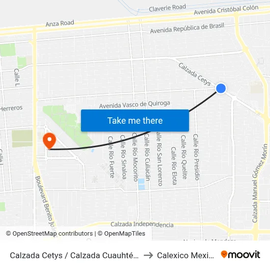 Calzada Cetys / Calzada Cuauhtémoc to Calexico Mexicali map