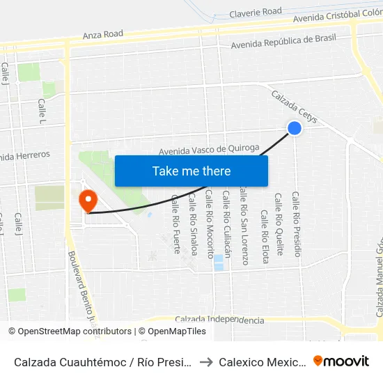 Calzada Cuauhtémoc / Río Presidio to Calexico Mexicali map