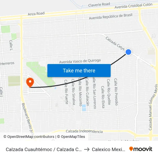 Calzada Cuauhtémoc / Calzada Cetys to Calexico Mexicali map