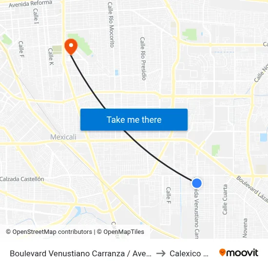 Boulevard Venustiano Carranza / Avenida Río Mizantla to Calexico Mexicali map