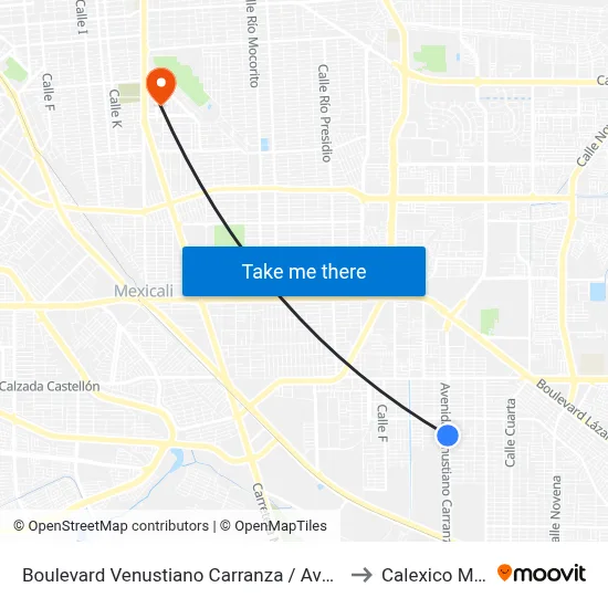 Boulevard Venustiano Carranza / Avenida Río Fuerte to Calexico Mexicali map