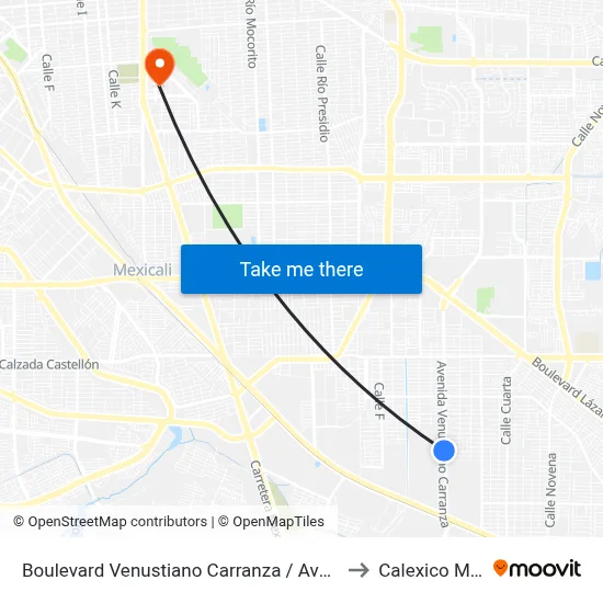Boulevard Venustiano Carranza / Avenida Río Nautla to Calexico Mexicali map