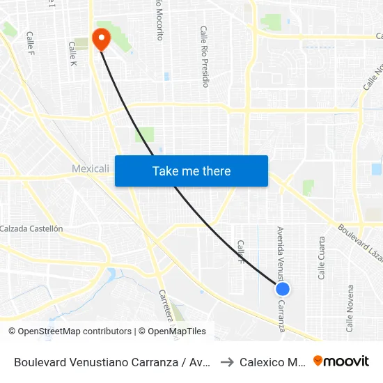 Boulevard Venustiano Carranza / Avenida Río Verde to Calexico Mexicali map