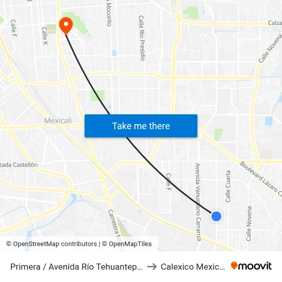 Primera / Avenida Río Tehuantepec to Calexico Mexicali map