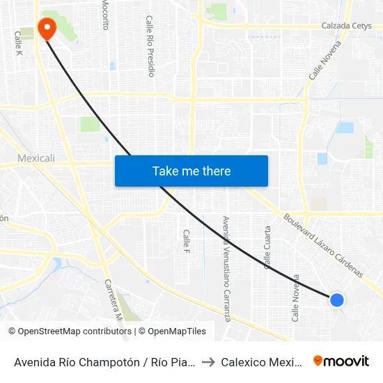 Avenida Río Champotón / Río Piaxtla to Calexico Mexicali map