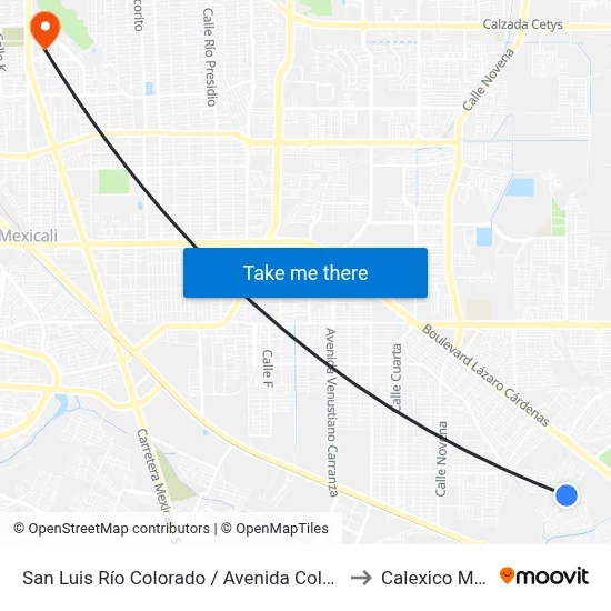 San Luis Río Colorado / Avenida Colegio Hechicera to Calexico Mexicali map