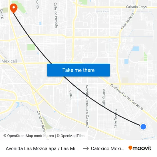 Avenida Las Mezcalapa / Las Minitas to Calexico Mexicali map