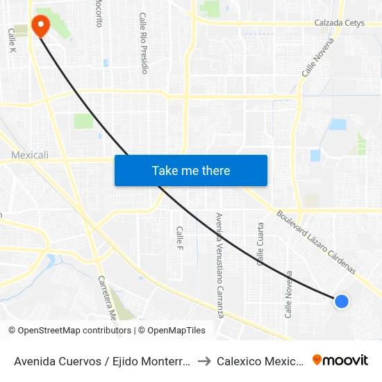 Avenida Cuervos / Ejido Monterrey to Calexico Mexicali map
