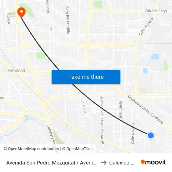 Avenida San Pedro Mezquital / Avenida Río Champotón to Calexico Mexicali map