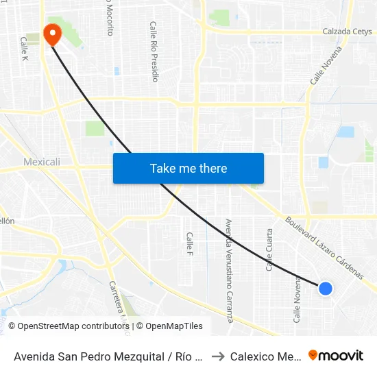 Avenida San Pedro Mezquital / Río Pichucalco to Calexico Mexicali map