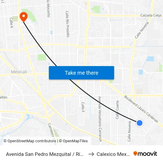 Avenida San Pedro Mezquital / Río Verde to Calexico Mexicali map