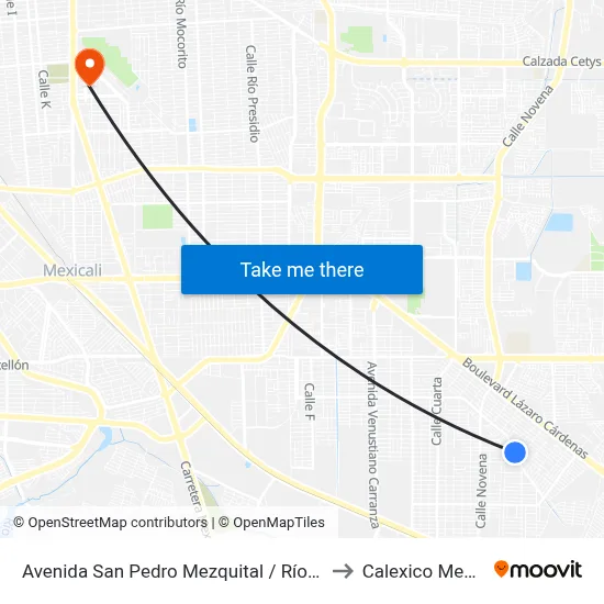 Avenida San Pedro Mezquital / Río Coaxtla to Calexico Mexicali map