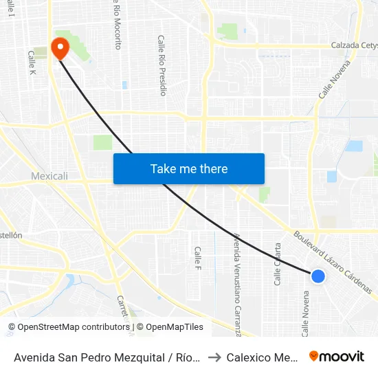 Avenida San Pedro Mezquital / Río Pánuco to Calexico Mexicali map