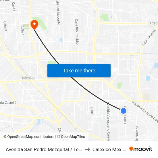 Avenida San Pedro Mezquital / Tercera to Calexico Mexicali map