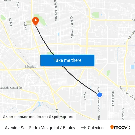 Avenida San Pedro Mezquital / Boulevard Venustiano Carranza to Calexico Mexicali map