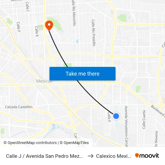 Calle J / Avenida San Pedro Mezquital to Calexico Mexicali map