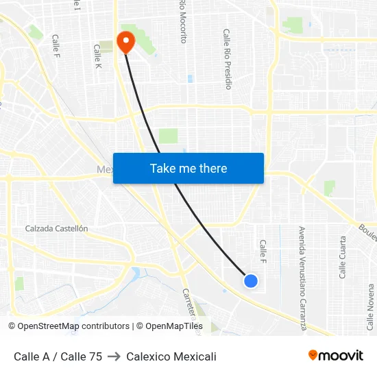 Calle A / Calle 75 to Calexico Mexicali map