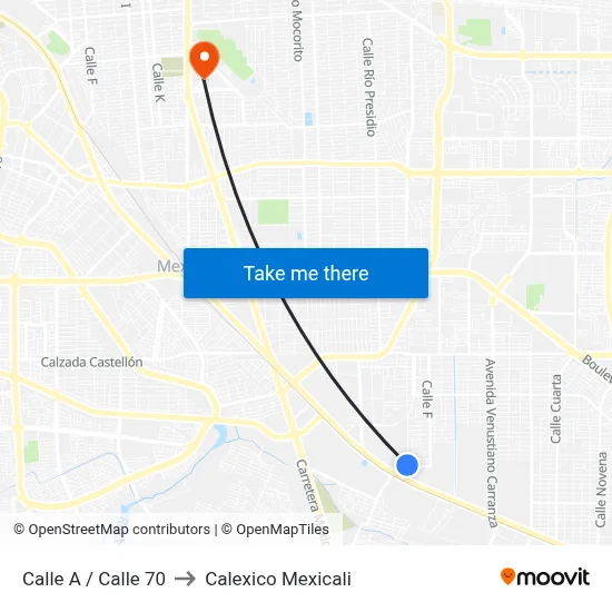 Calle A / Calle 70 to Calexico Mexicali map