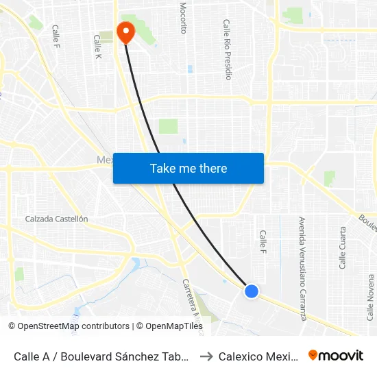 Calle A / Boulevard Sánchez Taboada to Calexico Mexicali map