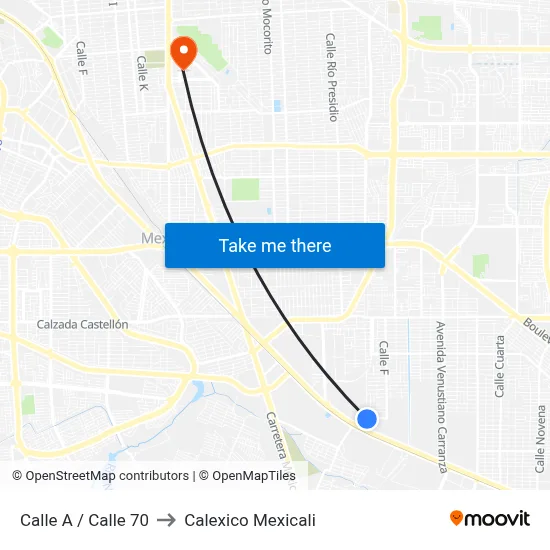Calle A / Calle 70 to Calexico Mexicali map