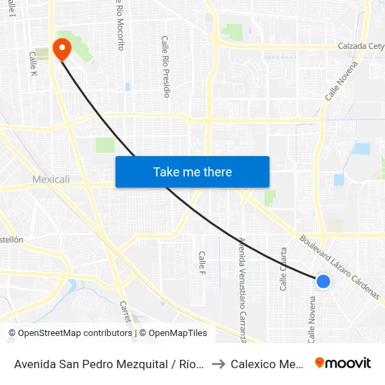Avenida San Pedro Mezquital / Río Pánuco to Calexico Mexicali map
