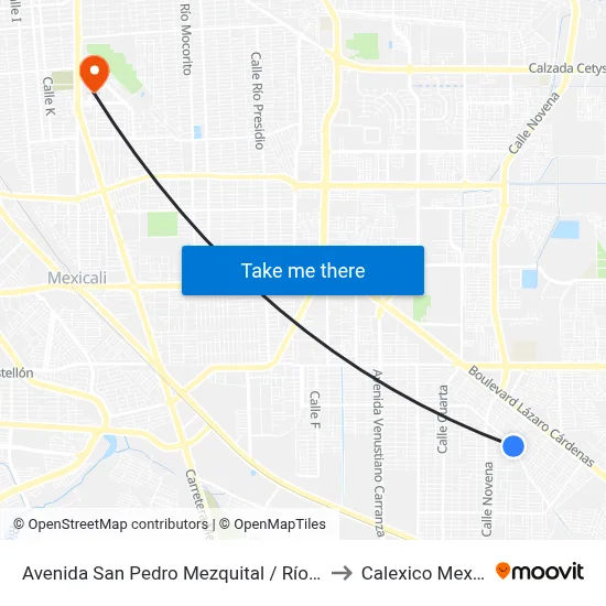 Avenida San Pedro Mezquital / Río Sayula to Calexico Mexicali map