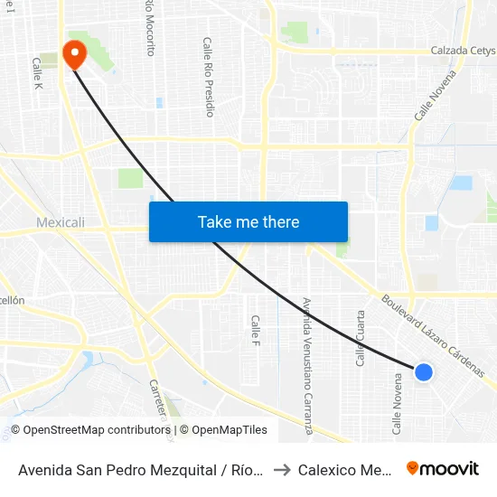 Avenida San Pedro Mezquital / Río Coaxtla to Calexico Mexicali map