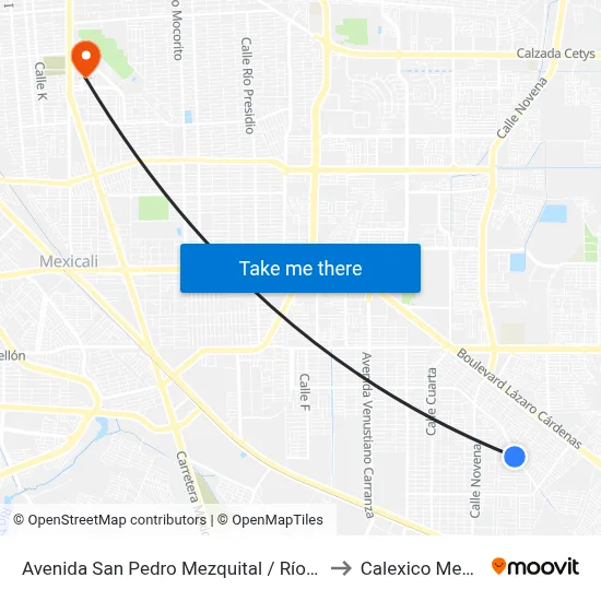 Avenida San Pedro Mezquital / Río Ródano to Calexico Mexicali map