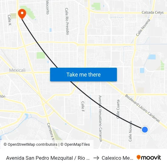Avenida San Pedro Mezquital / Río Tlapaneco to Calexico Mexicali map
