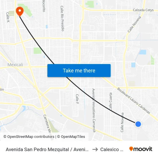 Avenida San Pedro Mezquital / Avenida Río Champotón to Calexico Mexicali map
