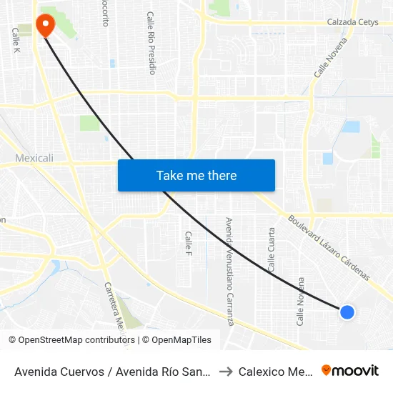 Avenida Cuervos / Avenida Río San Fernando to Calexico Mexicali map