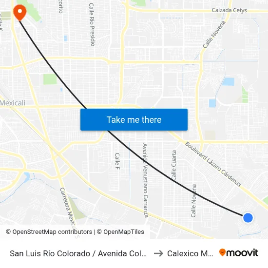San Luis Río Colorado / Avenida Colegio Hechicera to Calexico Mexicali map