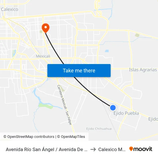 Avenida Río San Ángel / Avenida De Los Mosaicos to Calexico Mexicali map