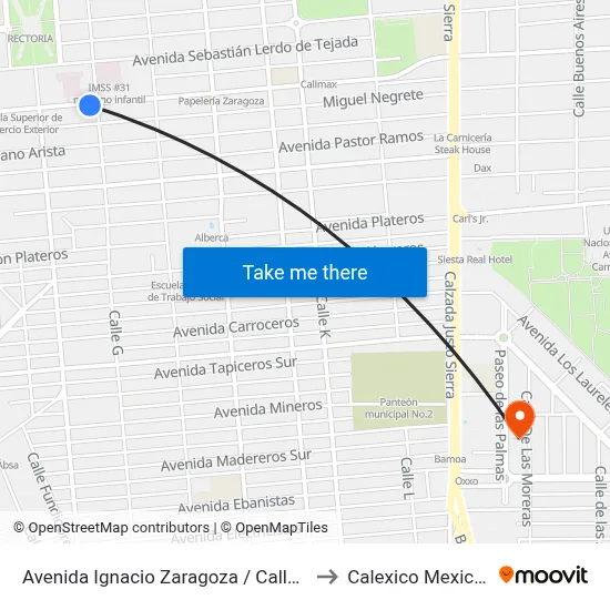 Avenida Ignacio Zaragoza / Calle G to Calexico Mexicali map