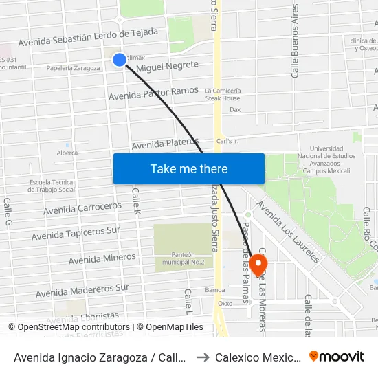 Avenida Ignacio Zaragoza / Calle K to Calexico Mexicali map