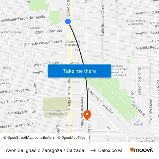 Avenida Ignacio Zaragoza / Calzada Justo Sierra to Calexico Mexicali map