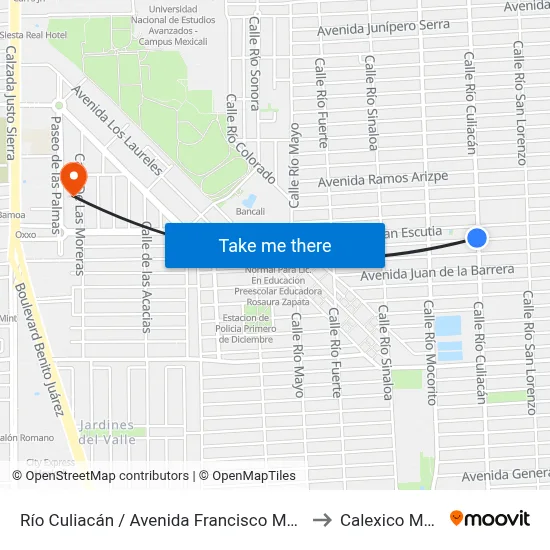 Río Culiacán / Avenida Francisco Montes De Oca to Calexico Mexicali map