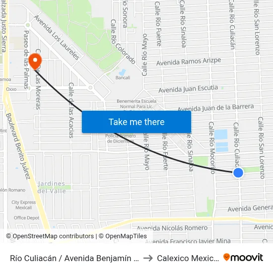 Río Culiacán / Avenida Benjamín Hill to Calexico Mexicali map