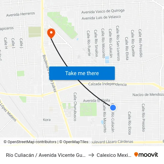 Río Culiacán / Avenida Vicente Guerrero to Calexico Mexicali map