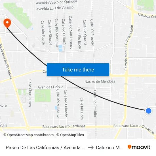 Paseo De Las Californias / Avenida Costa Mesa to Calexico Mexicali map