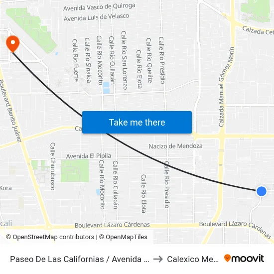 Paseo De Las Californias / Avenida Alta Loma to Calexico Mexicali map